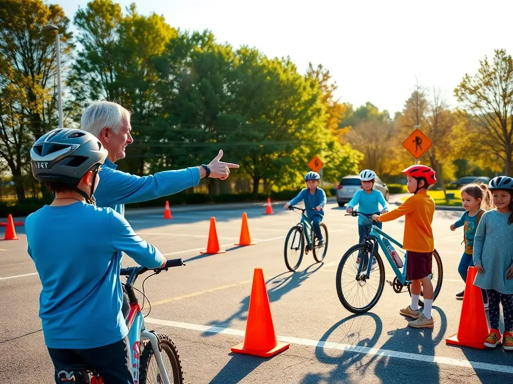 An instructor guiding a group of riders through a safety training session on a scenic outdoor track, with riders wearing protective gear and focused expressions.