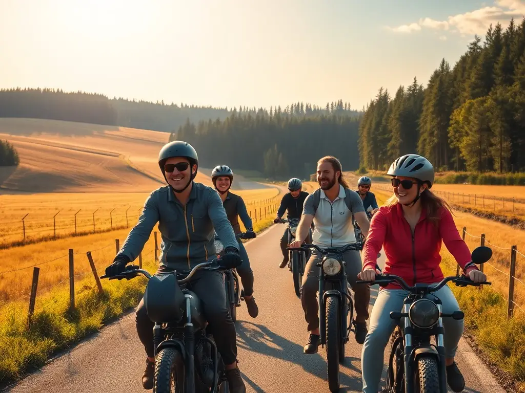 A picturesque image of a group of motorcyclists riding through a scenic route in the French countryside, emphasizing the beauty and adventure of motorcycle tourism.