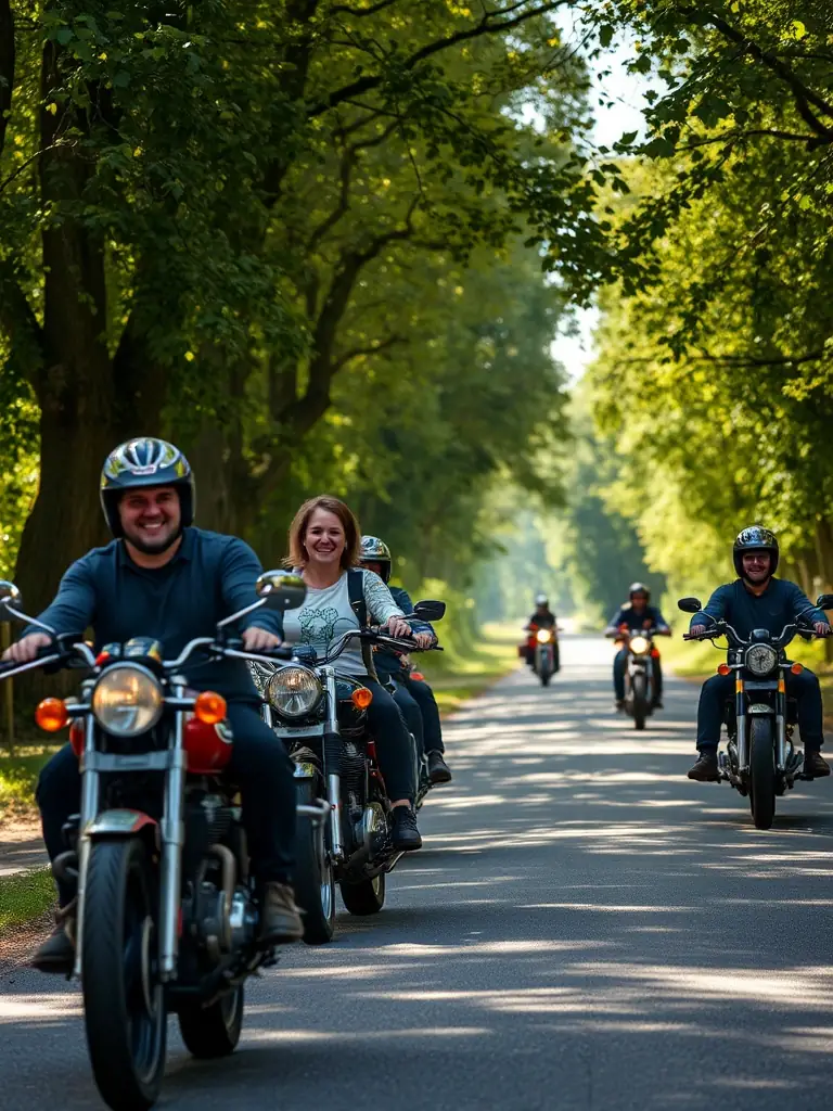 A group of MCM Motorcycle Club members riding together on a scenic route through the French countryside, with lush green fields and rolling hills in the background.
