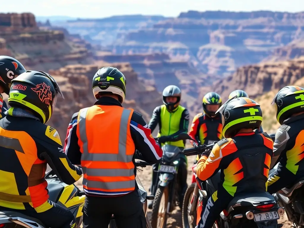 An instructor guiding a group of riders through a safety training session on a closed course, demonstrating proper braking techniques.
