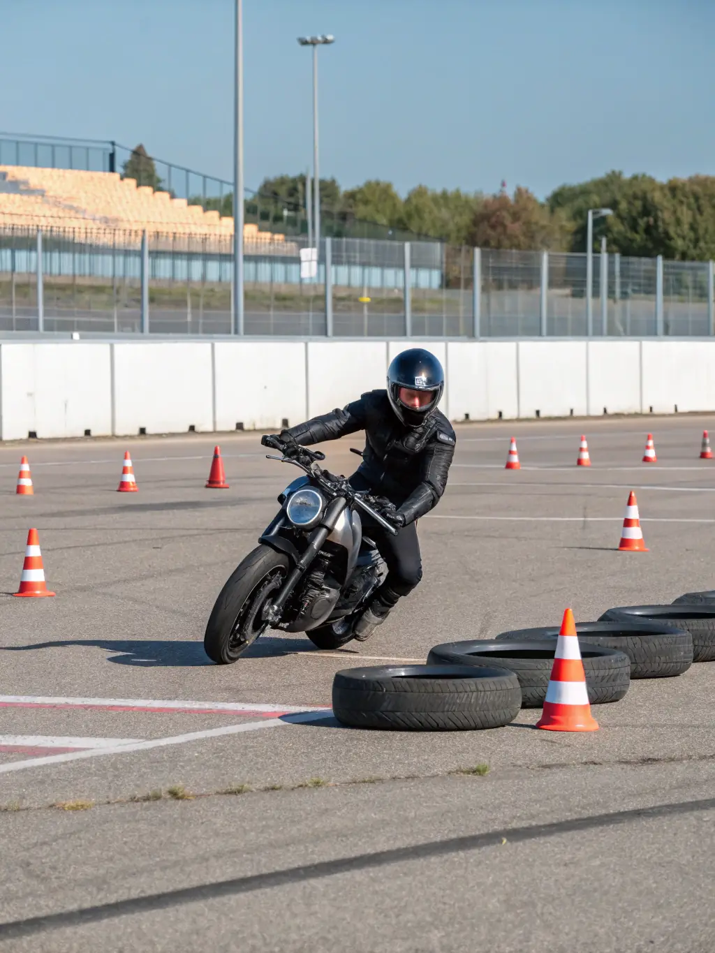 A close-up shot of a motorcycle rider participating in an advanced training course, showcasing their focused expression and precise control of the bike.