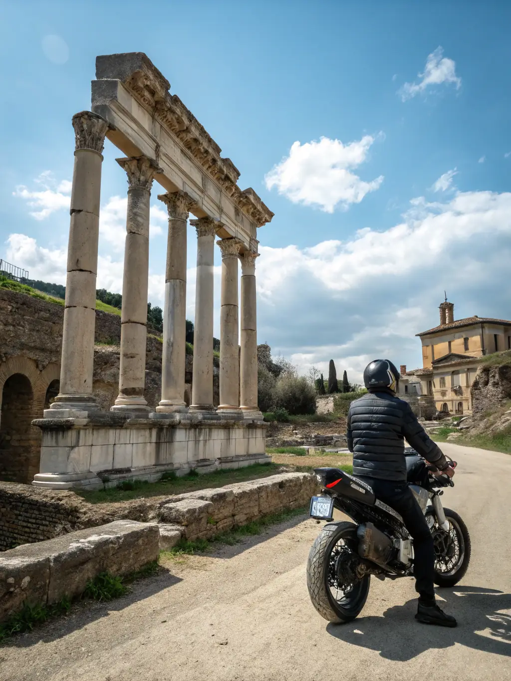 A motorcycle parked in front of a historical landmark in France, with club members exploring the site in the background.