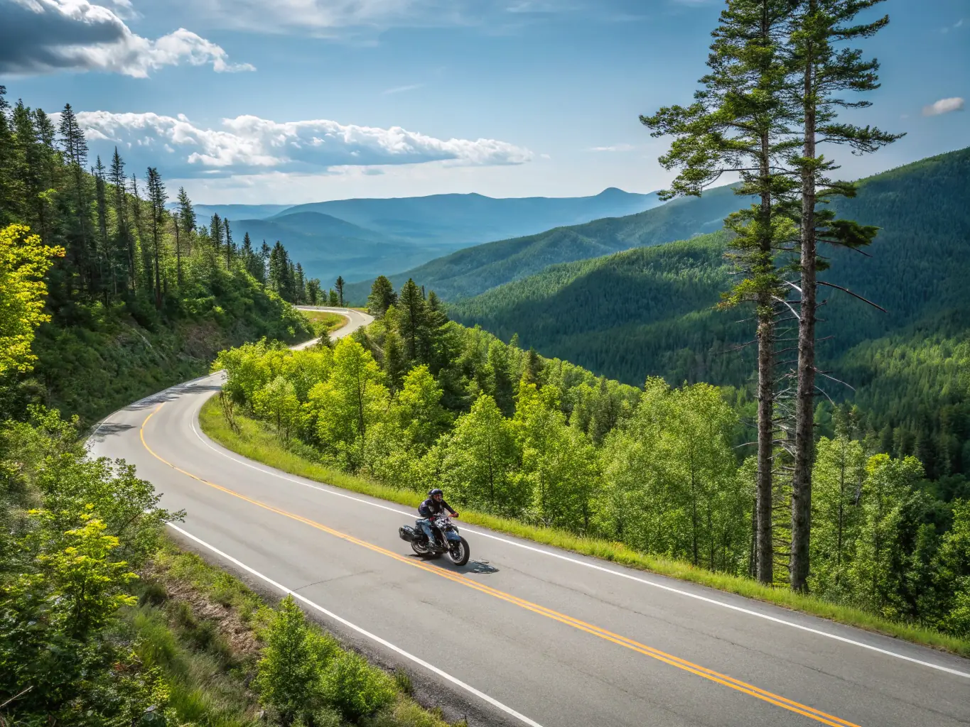 A picturesque image of a group of motorcyclists riding through a scenic route in the French countryside, highlighting the beauty of motorcycle tourism.