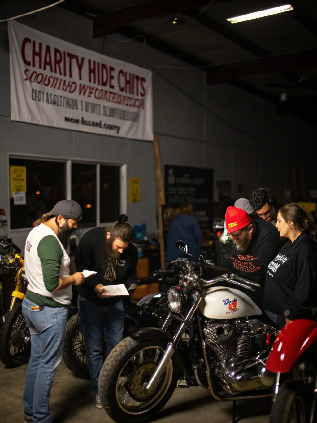 A photo of club members volunteering at a local charity event, handing out supplies and interacting with community members.