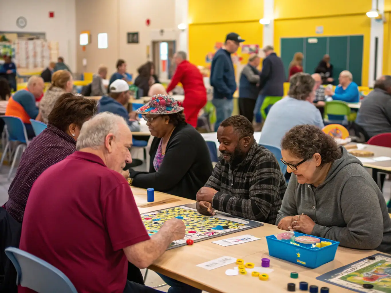 A diverse group of MCM Motorcycle Club members gathered at a club meeting, sharing stories and experiences in a friendly and supportive environment.