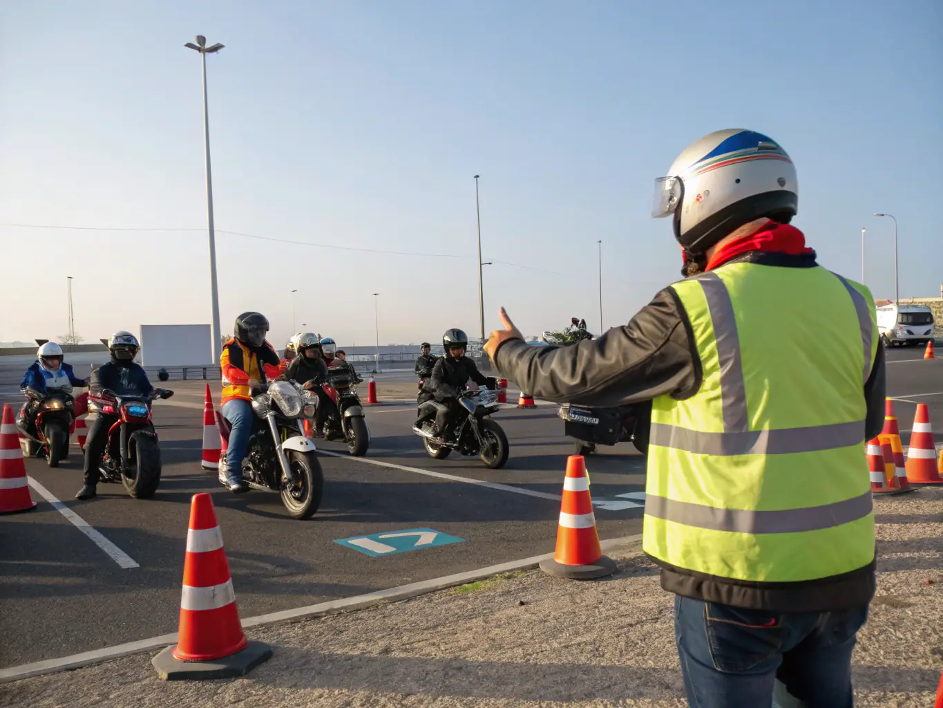 An image of a motorcycle training session, with an instructor demonstrating proper riding techniques to a group of students.